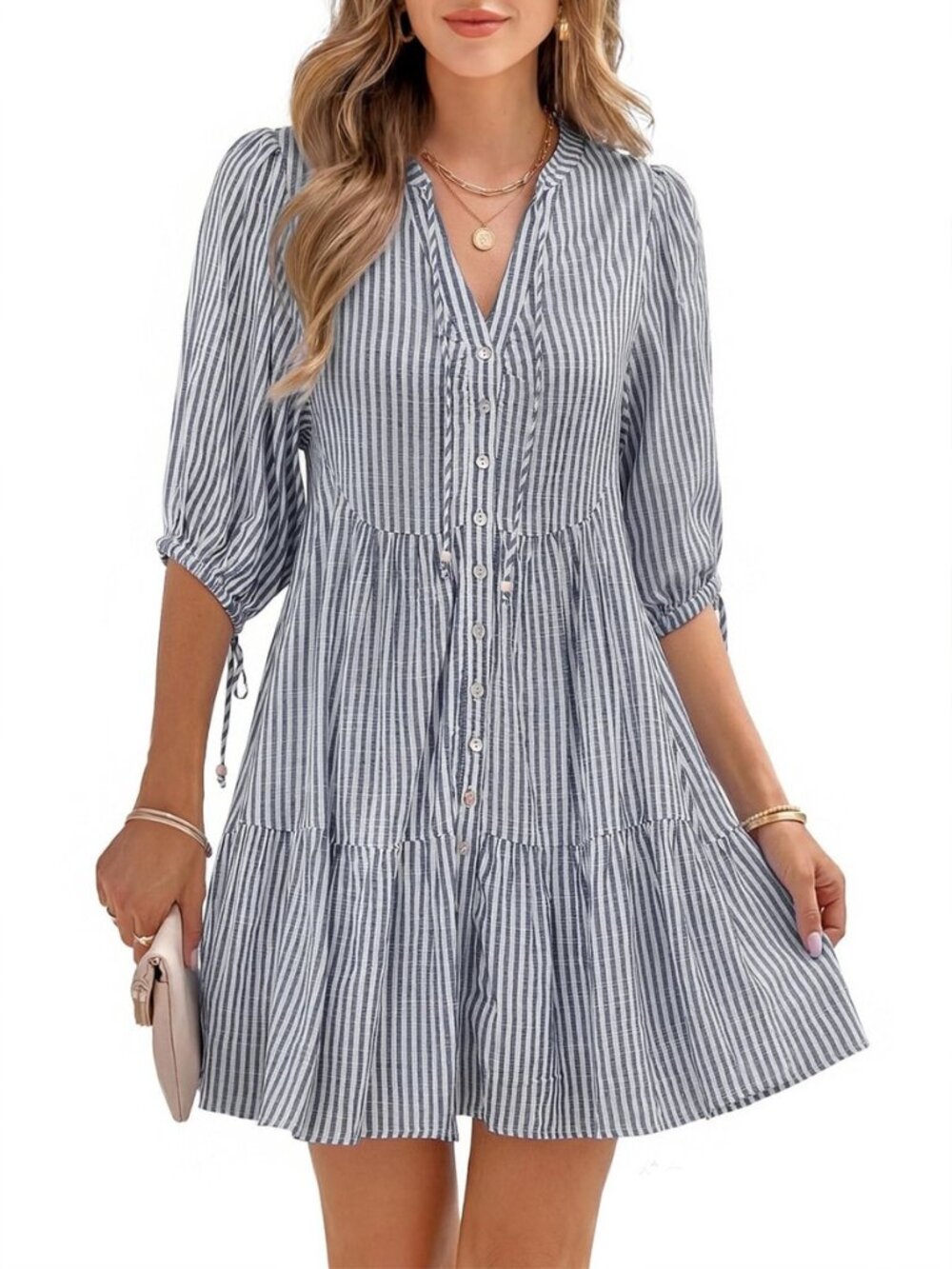 Womens Summer Casual V Neck Puff Short Sleeve Boho Mini Shift Dresses